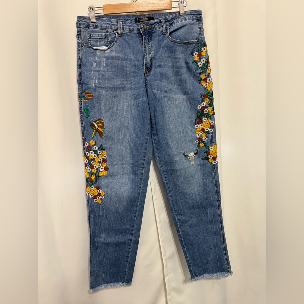 L&B Blue Jeans with Colorful Floral Embroidery